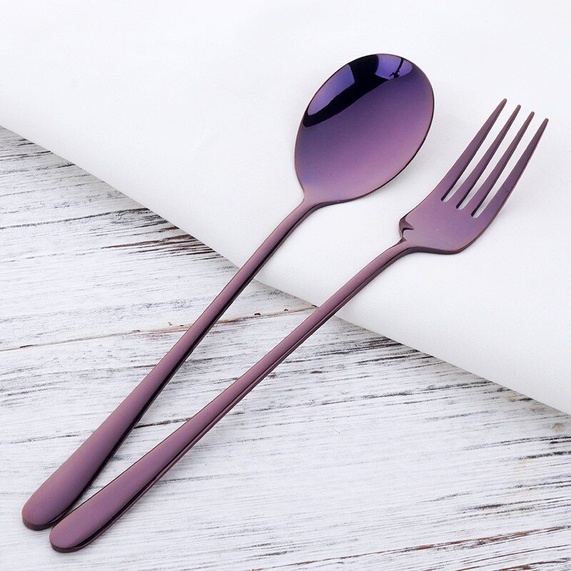 Colher de sobremesa em aço inoxidável, 2 paredes, garfo de sobremesa, dourado, alça longa, para sopa, salada, utensílios de café, prata, imperdível: Purple 2pcs