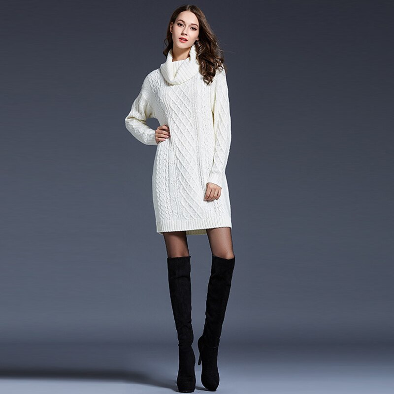 YNZZU Newest Winter Dress Women's Long Sleeve Luxury Solid Turtleneck Warm Wool Sweater Dress Knitted Clothes YD095