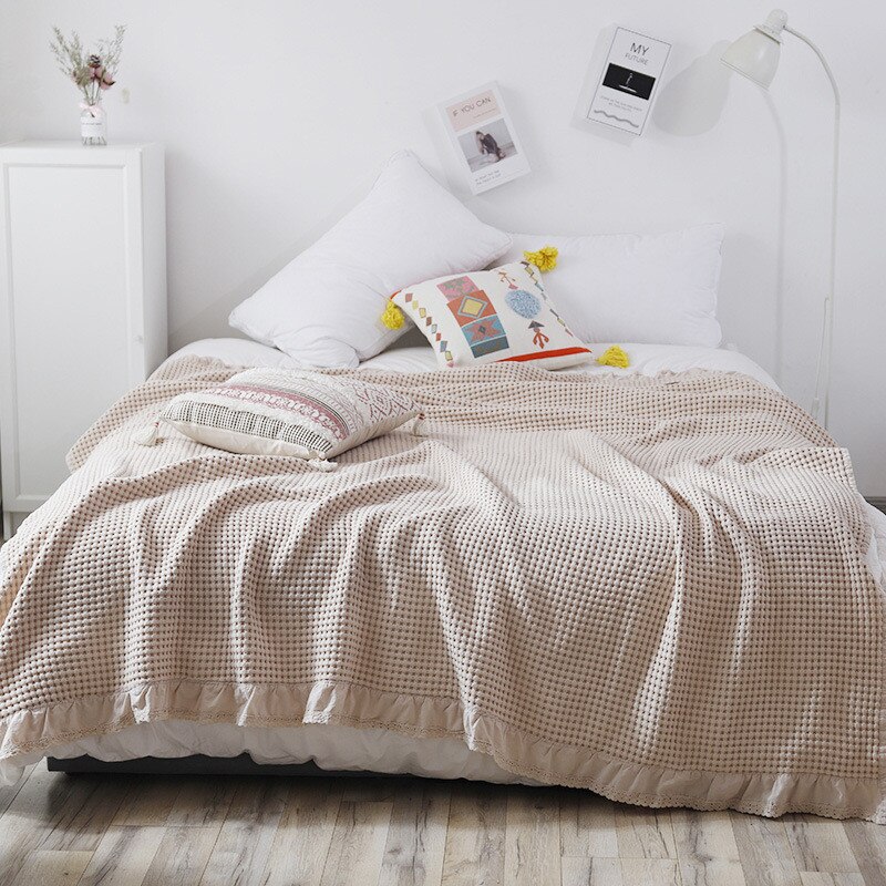 Couvre-lit en mousseline de coton gaufré, couvre-lit d&#39;été en dentelle, respirant, gris, rose, doux et , Plaid sur le lit, le canapé: Camel / 110x160cm