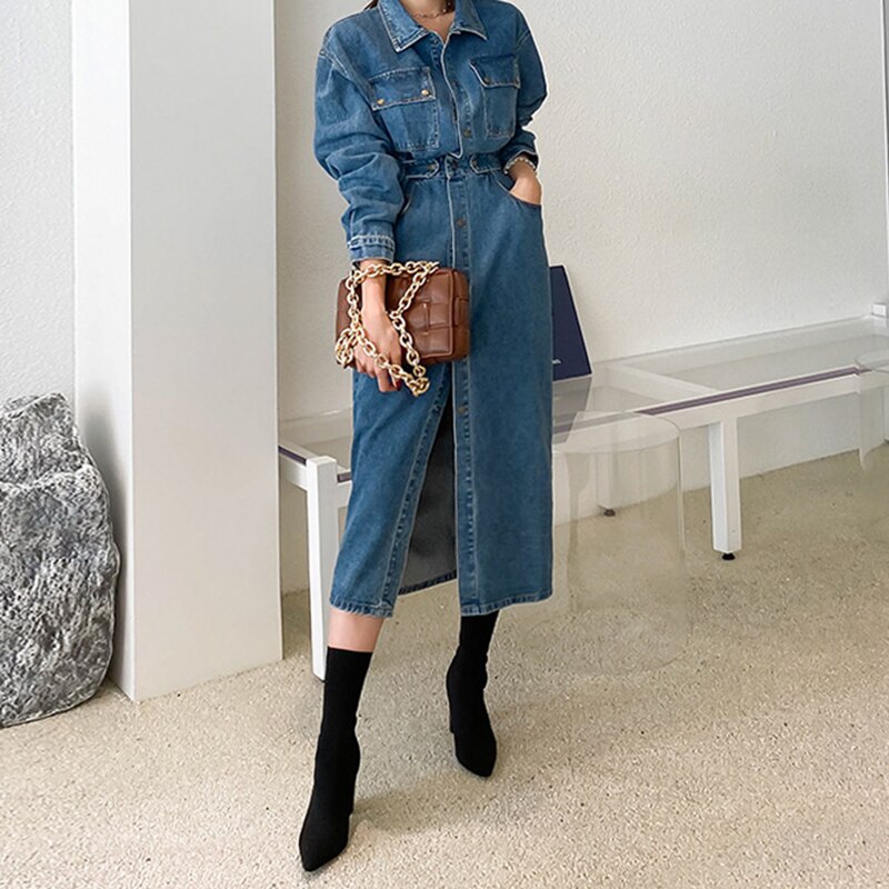 Denim Dress Sleeve Korean.Aelegantmis Vintage Long Denim Dress Women Split K... - Grandado