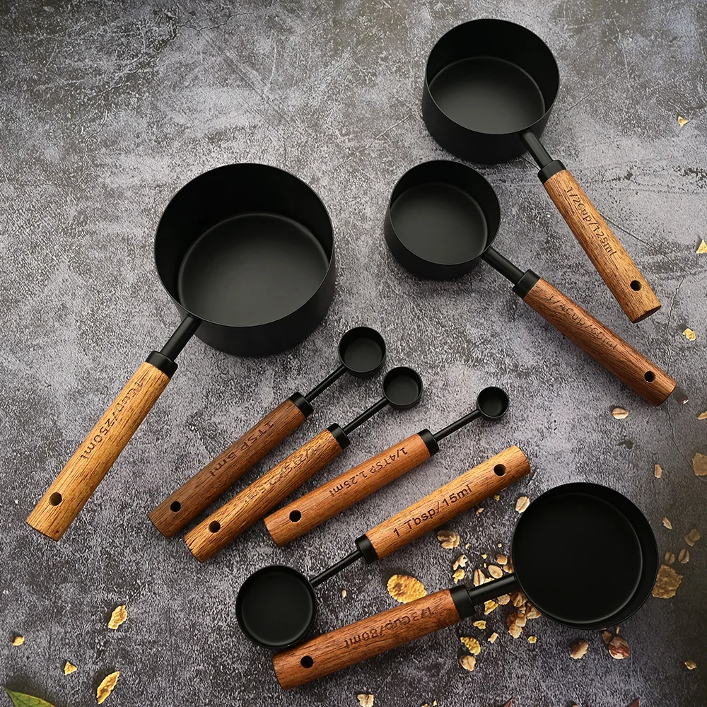 4/8Stck Holzgriff Edelstahl Messbecher Löffel Backen Werkzeuge Kaffee Messlöffel einstellen Bartending Skala Zubehör