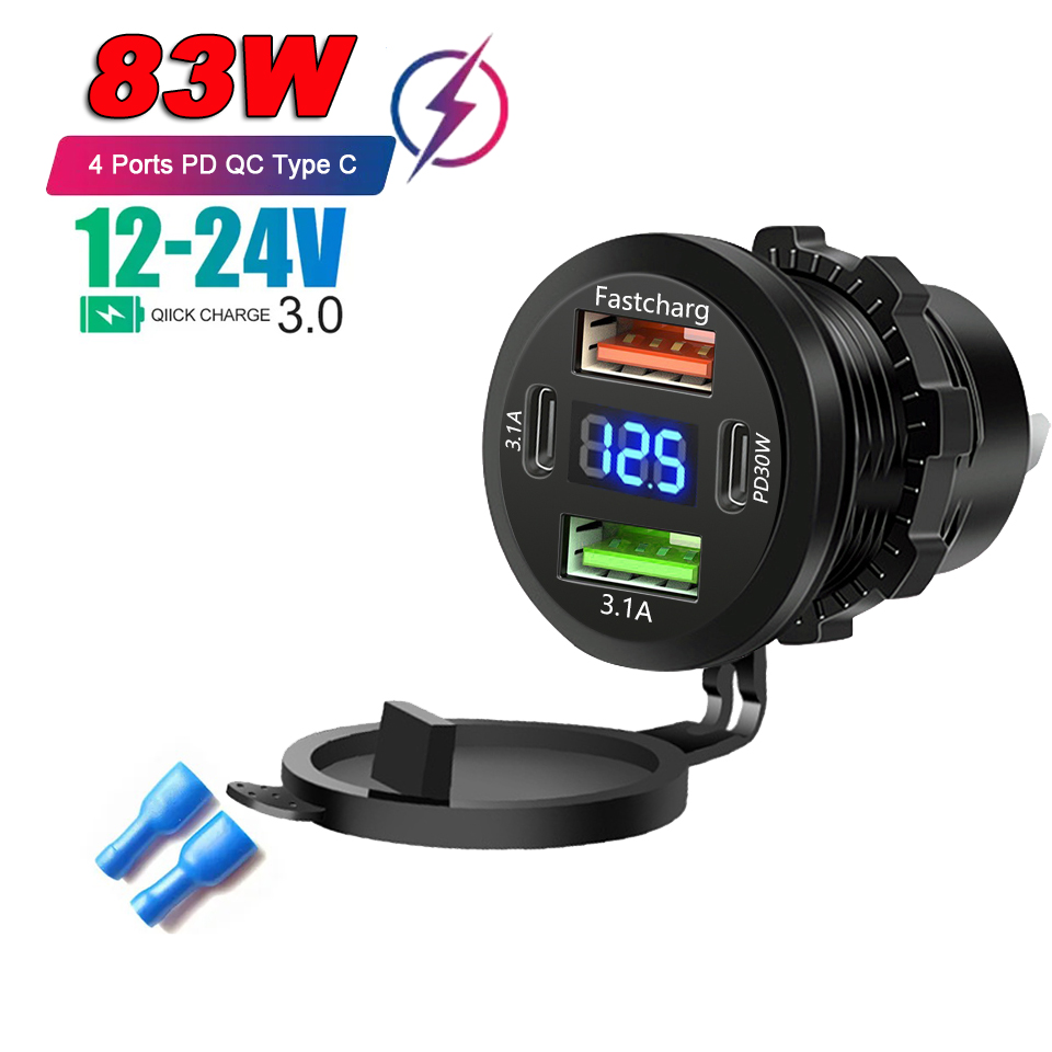 86W Dual QC3.0 USB & Dual PD3.0 Car Charger Power Outlet Socket Type-C Fast Charging Outlet with LED Voltmeter 12-24V For Cars: Black