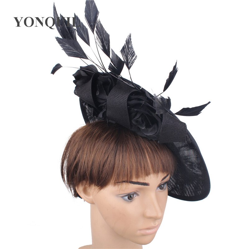 Accesorios para el cabello para boda Beige, sombrero de cóctel de imitación de lino de con flor, sombrero de de Derbi, sombreros y tocados de satén, SYF666