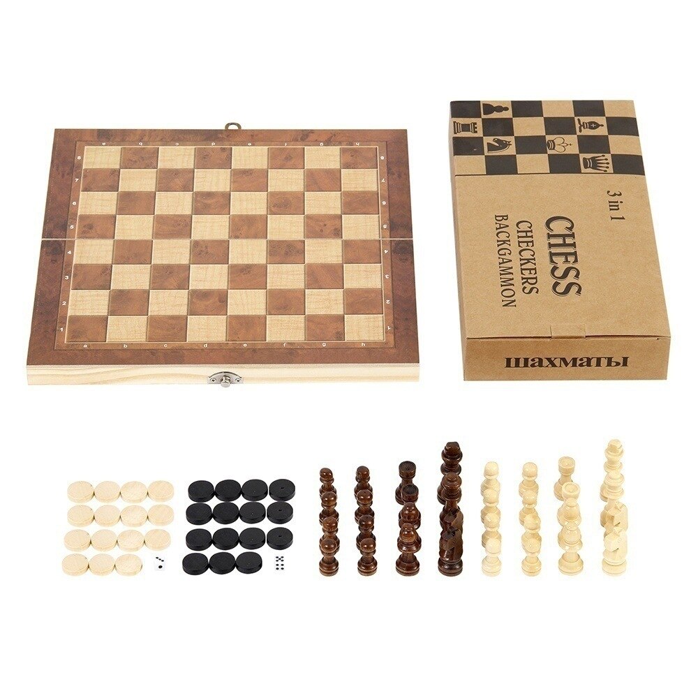 3 in 1 Chess Game Set Wooden Folding Chessboard Indoor Travel Chess