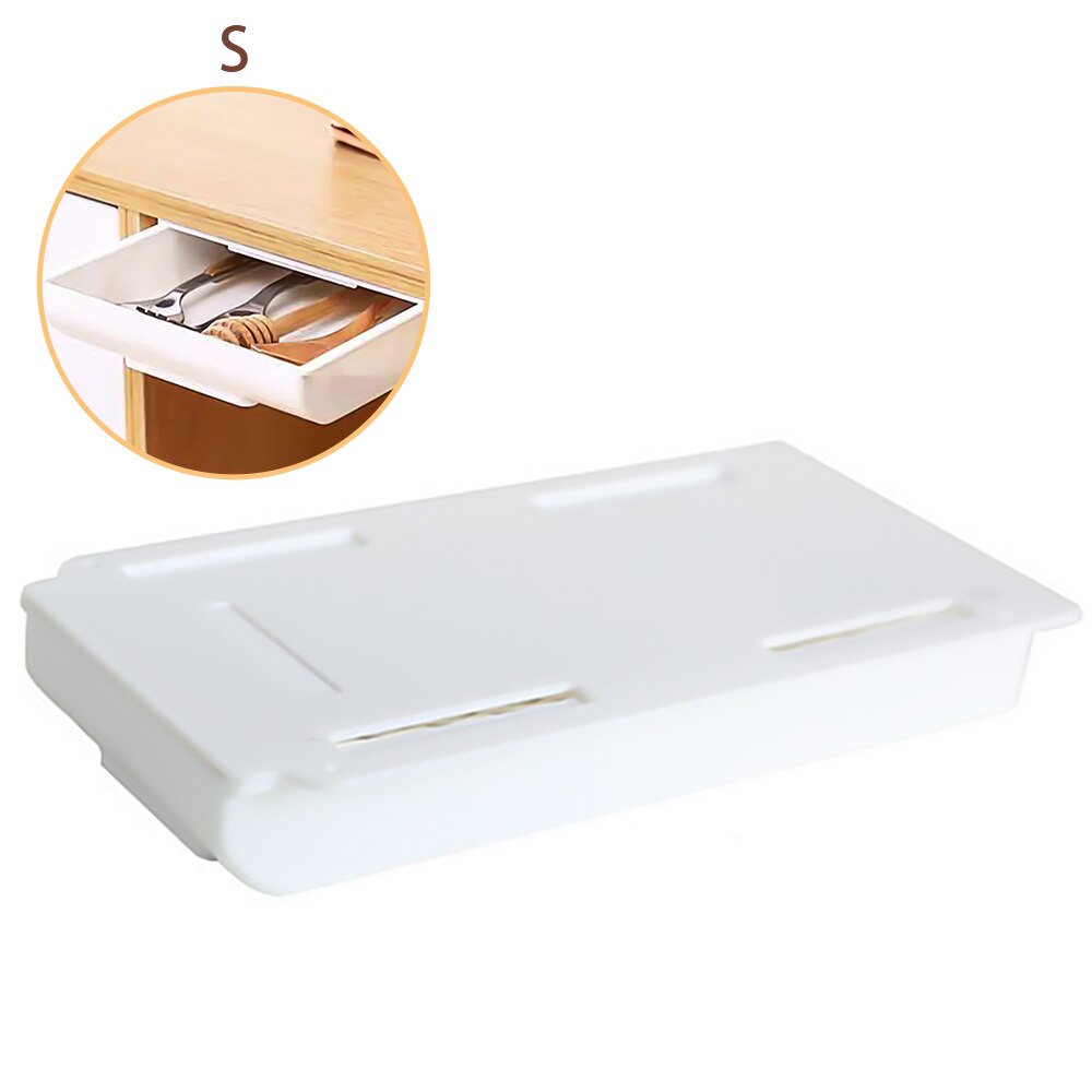 Creativity Self Stick Desk Drawer Hidden Storage Box Stationery Case Pencil Tray Pen Holder Makeup Organizer For Office Home: White  S