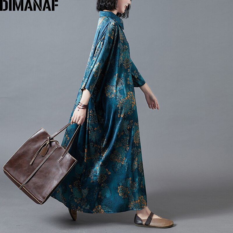 Dimanaf plus size kvinder kjole dame vestidos vintage tøj silke løst afslappet print blomstret maxi kjole efterår 5xl 6xl