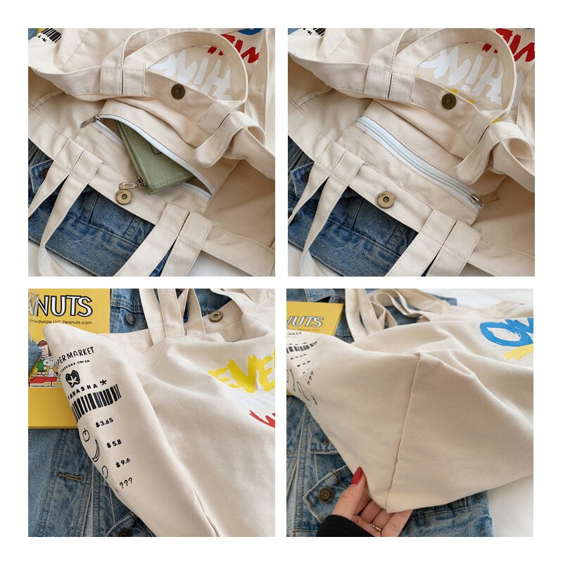 Sac de courses en toile Extra Large pour femmes, fourre-tout d'épicerie en tissu de coton , sacs à bandoulière pour jeunes filles