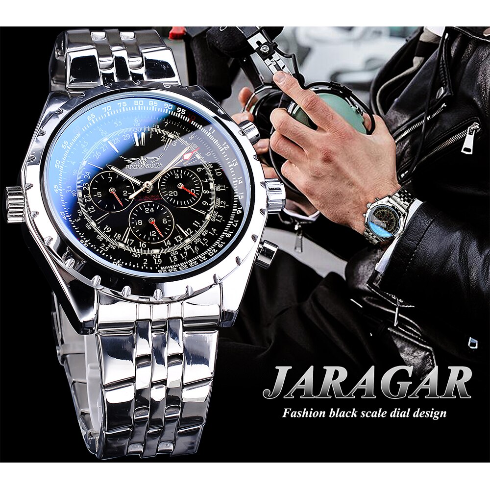 Jaragar Blauw Glas Zwart Zilver Automatische Horloge Roestvrij Staal Datum Klok Lichtgevende Mannen Zakelijke Mechanische Horloge