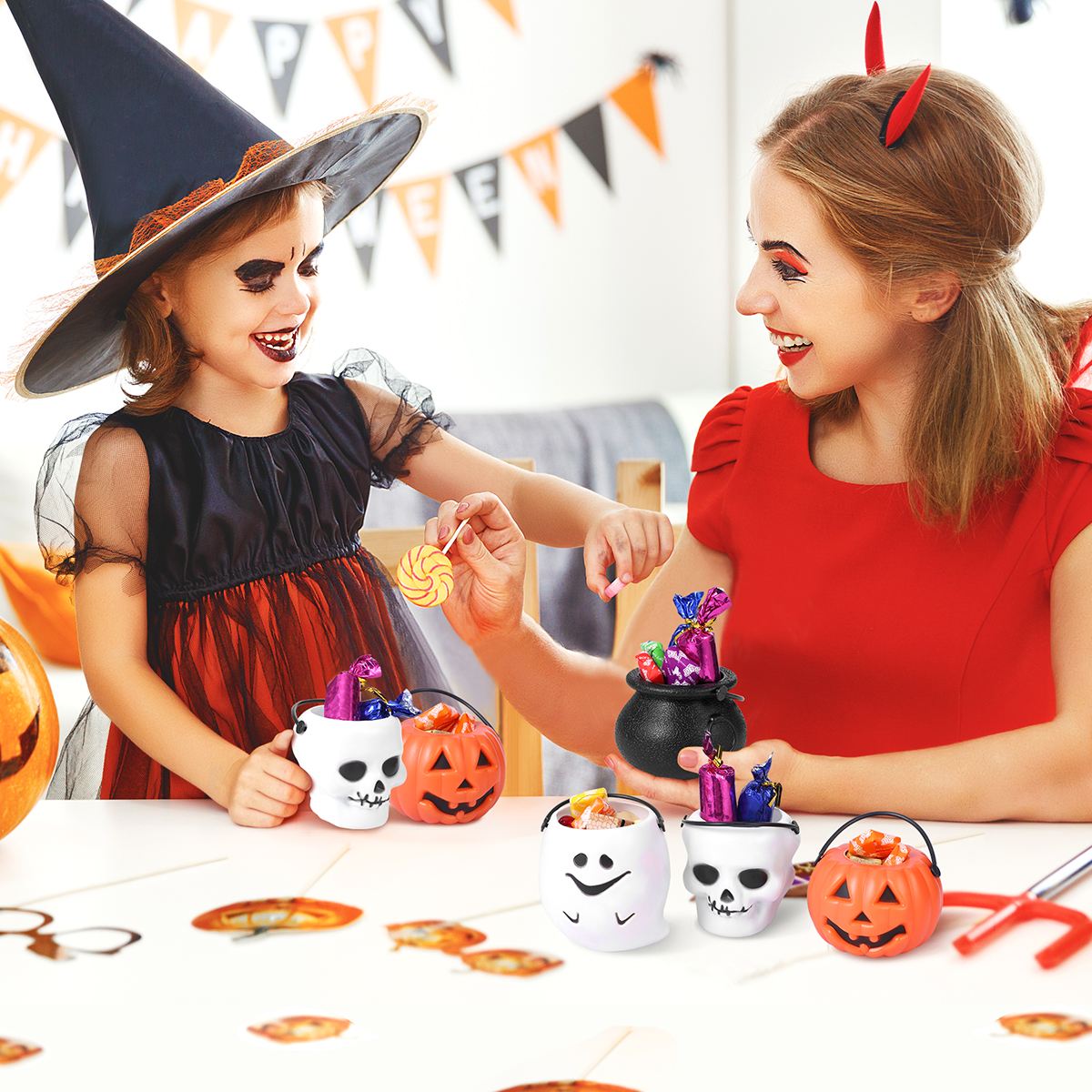 2pcs Halloween Candy Buckets Trick Or Treat Candy Pots Snack Buckets Party Holder Halloween Candy Pot Ornament Skull Witch Toy