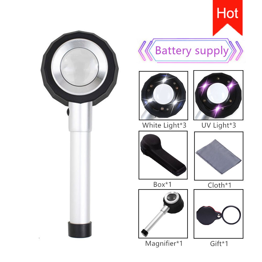 Lupa portátil de mano con luz LED UV 45X, dermatoscopio, mango, báscula de medida de visión clara y suave, lupa de vidrio óptico ,gafas aumento,lentes aumento con luz,pantalla 3d para movil: C