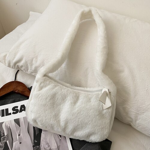 Imitatiebont handtassen damestassen winter zachte pluche dames baguette okseltas modieuze handtassen meisjes schoudertassen: Wit