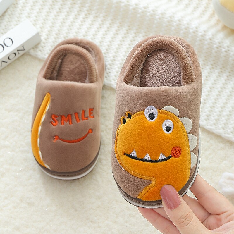 Kinderen Thuis Slippers Cartoon Kinderen Pluche Indoor Warme Schoenen Antislip Baby Katoen Slippers Zachte Peuter Schoenen Voor jongen Meisje: Brown slippers / 14-15