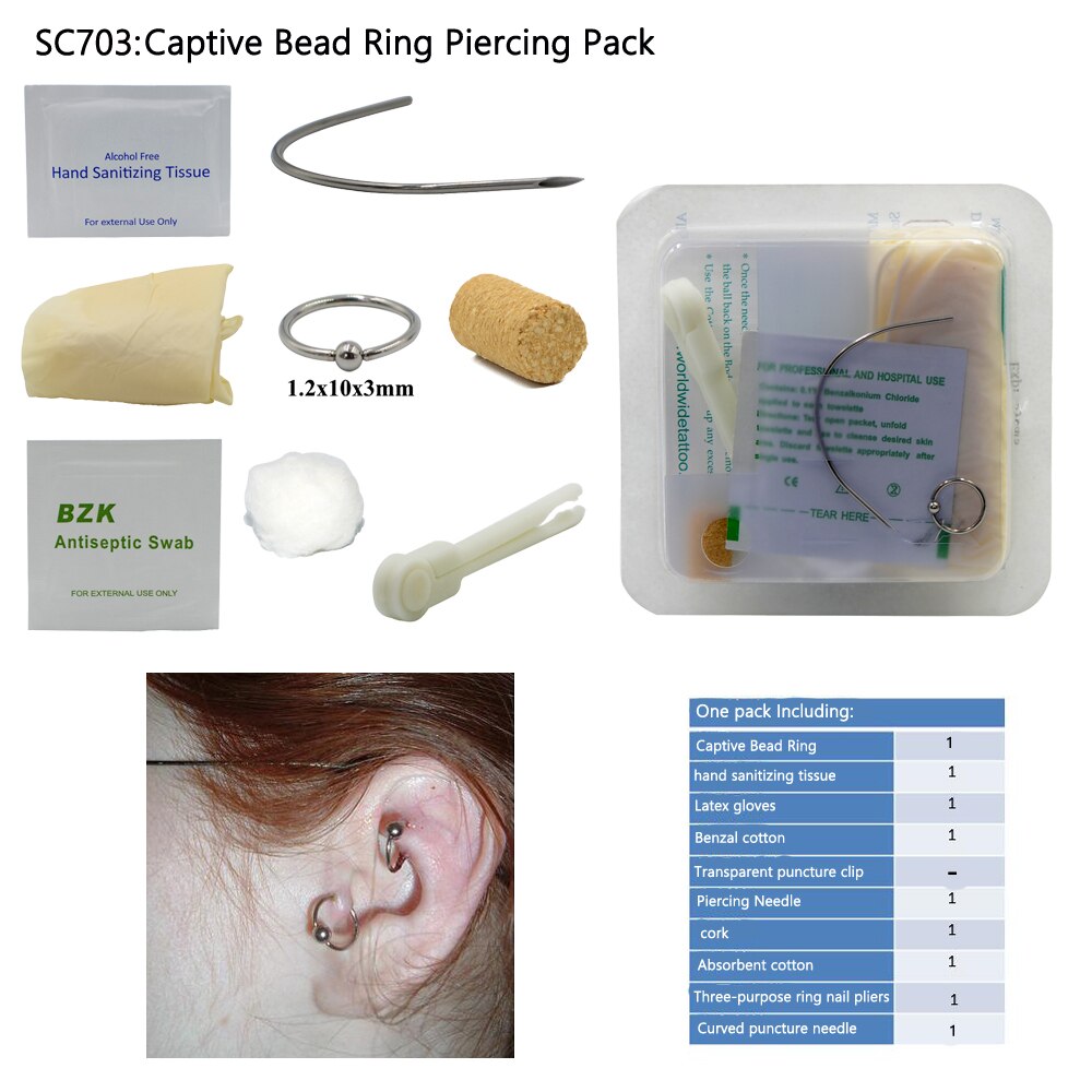 Kit de perçage de corps jetable Kit de perçage stérile médical pour oreille nez mamelon ventre nombril Septum Piercing outil Machine Kit: SC703 Captive Ring