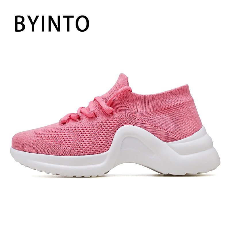 Pink Sport Shoes Women Summer Lace Up Ladies Tennis Shoes Female Breathable Woman Knit Sock Sneakers Tenis Feminino Damen Schuhe