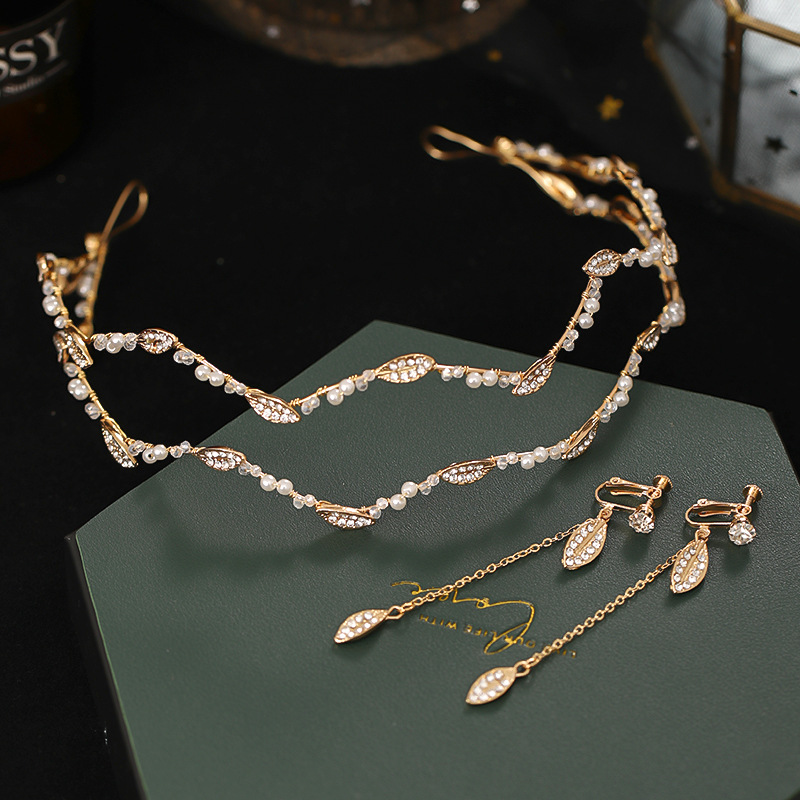 Koreanisch Stirnbänder für Frauen, Blume, Blatt Kristall Haar Perlen Ohrringe Schmuck-setzt für Braut Noiva Hochzeit FORSEVEN: 4