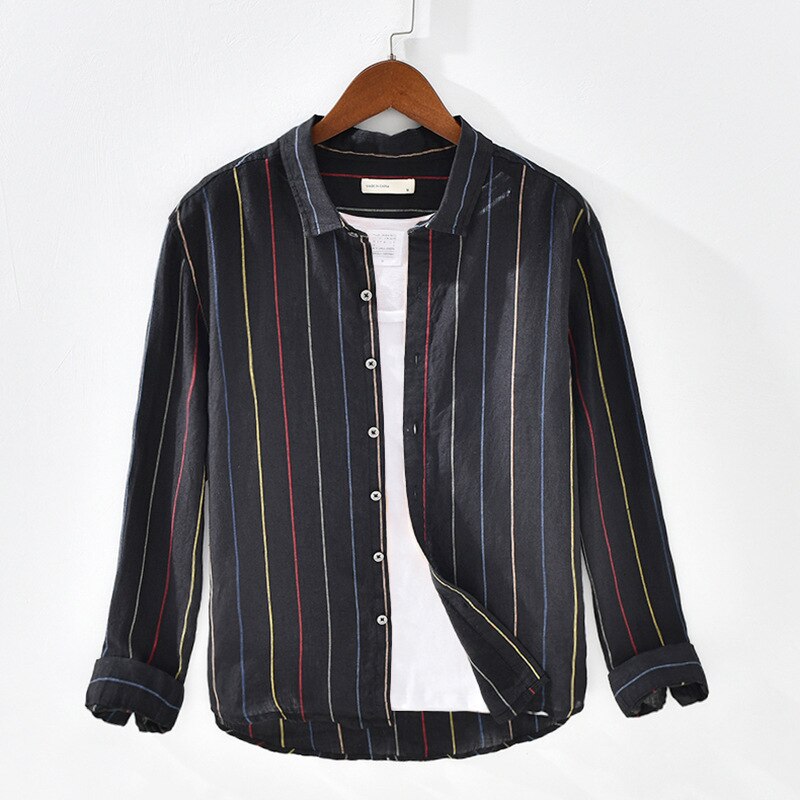 Gestreept overhemd van zuiver linnen voor heren, lange mouwen, ademend, gemaakt van hennep, gml 03-1932: Zwart / Xxxl