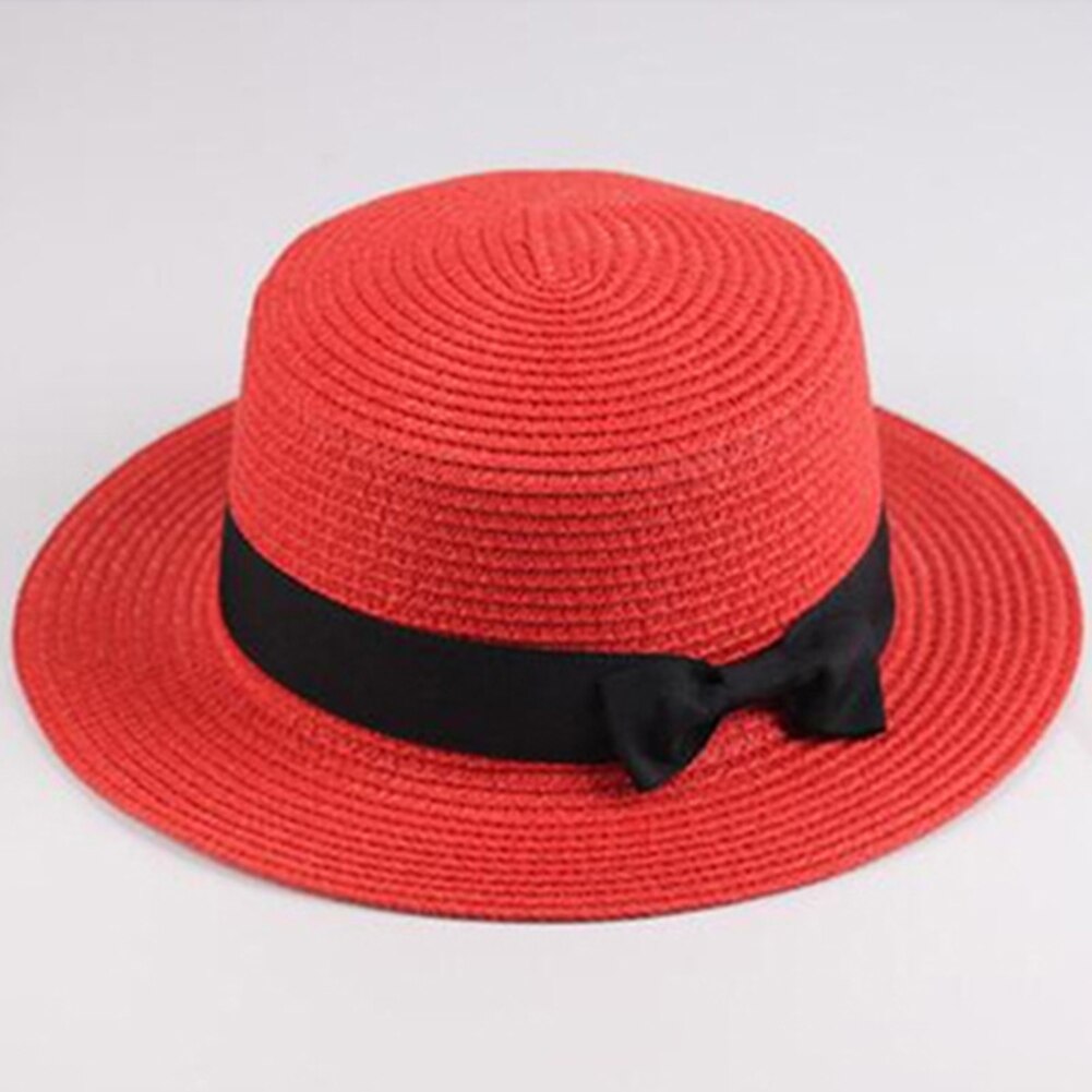 Simple Summer Parent-child Beach Hat Female Casual Panama Hat Lady Women Flat Wide Brim Bowknot Straw cap girls Sun Hat: Red / Child