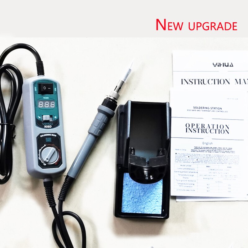 Oprindelige 220v/110v yihua 908d loddekolbe temperaturjusterbar elektrosvejsning loddekolbe  +5 tips + holder + pincet + tin