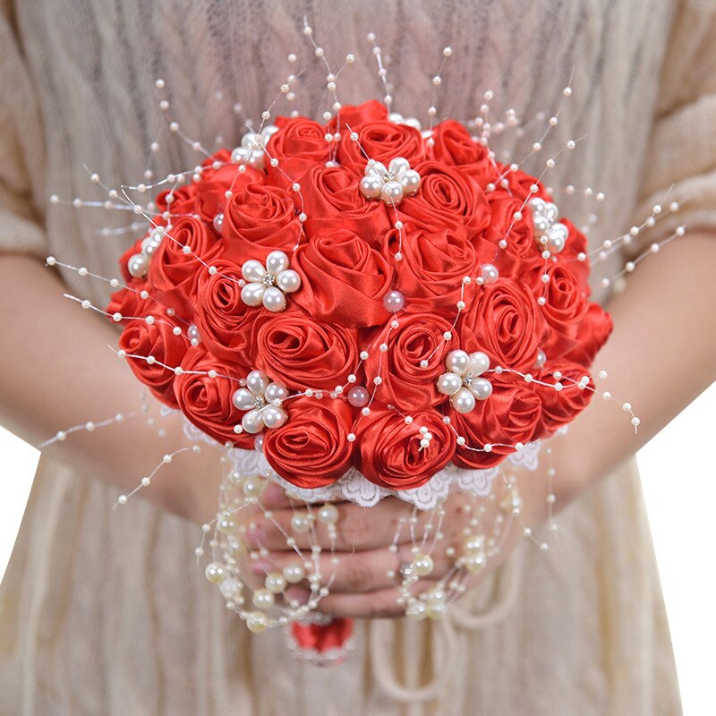 Ivory Wedding Bouquets Pearls Beaded Bridal Bouquet Bridesmaid Holder With Ribbon Rose Flowers Bouquets: Red
