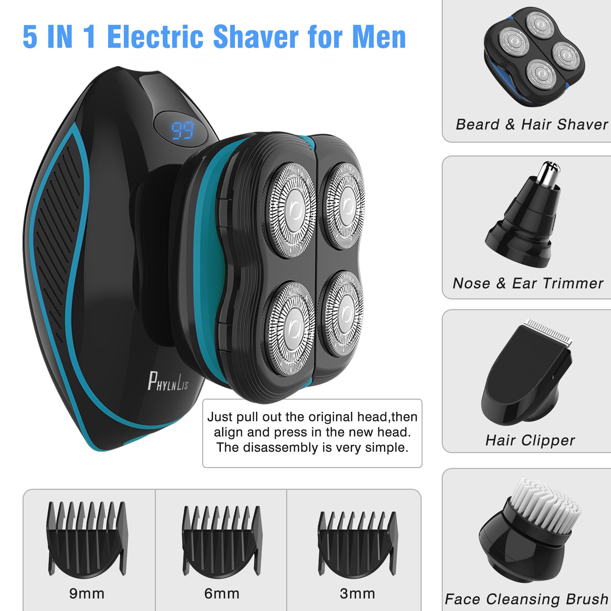 Men Head & Face Shaver Mini Trimmer Cordless Clipper Fast Rechargeable Rotary Bald Shaver Waterproof Barber Kit Phylnlis 8608