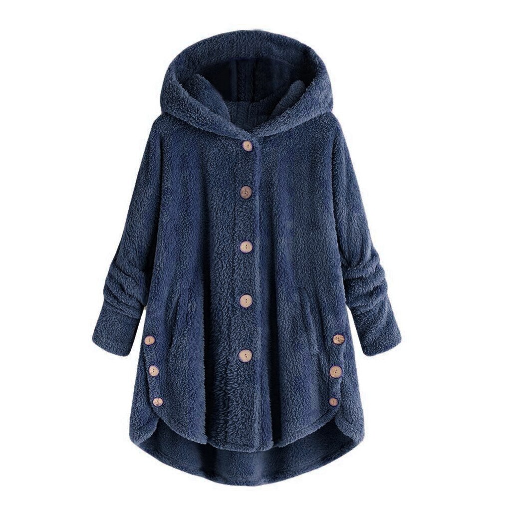 hiver manteau femmes femmes bouton manteau moelleux queue haut à capuche pull ample Blouse femme épais sweats à capuche pull: Navy / XXL