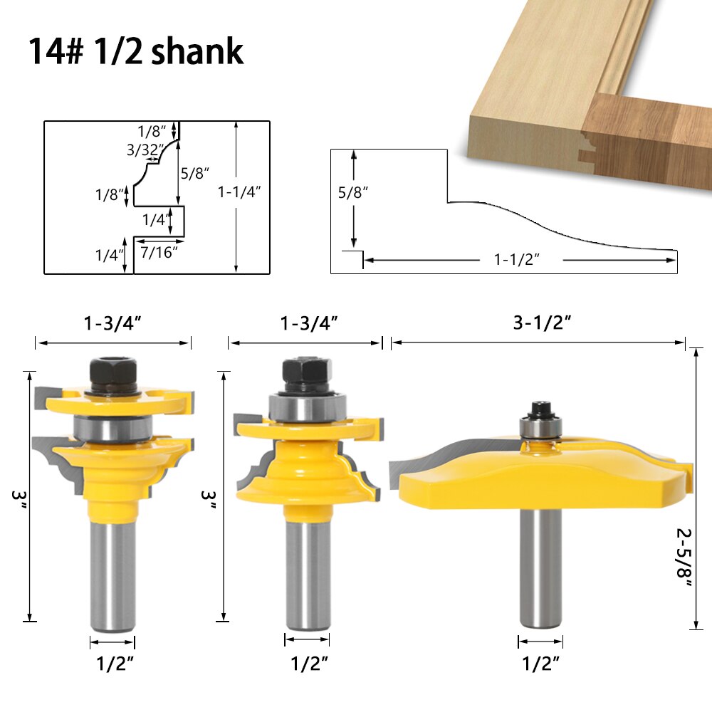 3pcs 1/2" Shank Rail & Stile Ogee Blade Cutter Panel Raised Cabinet Router Bit Set Door Tenon Woodworking Tools