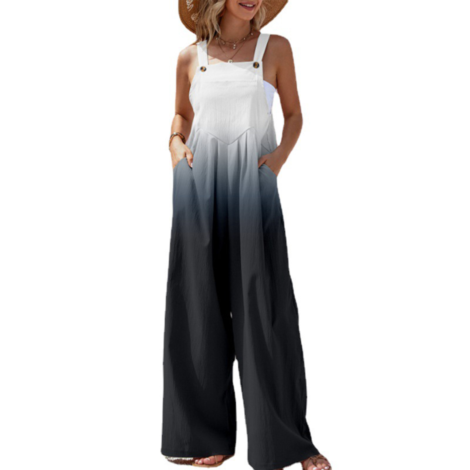 Overalls til kvinder sommer afslappet knapbukser med brede ben og seler, lange overalls med lommer, dameplantebukser