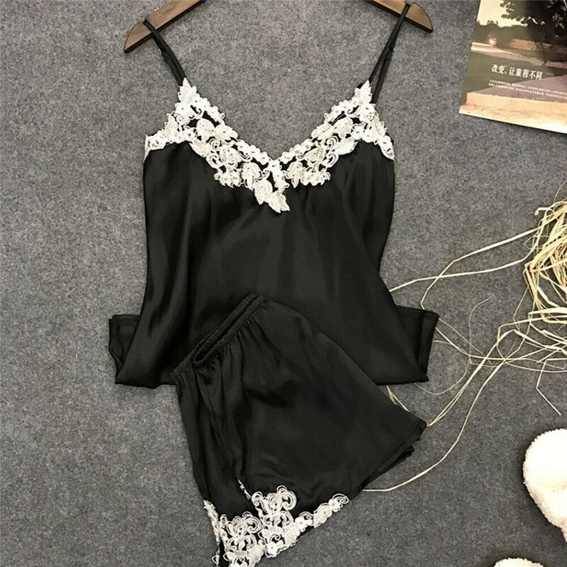 Ladies Sexy Silk Satin Pajama Set Lace Pajama Set Sleeveless Pajama Set V-neck Sleepwear Summer Home Wear Sleep Wear For Women: Black / M