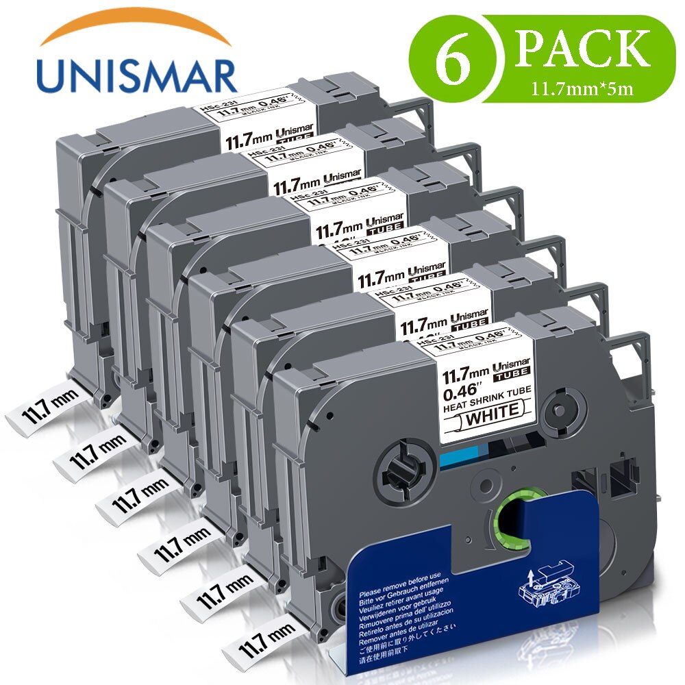 Unismar 6PK 11.7 millimetri 0.46 "Nero su Bianco Nastro Etichette Degli Strizzacervelli di Calore Tubi HSe-231 per Brother P-touch HSe231 Label Maker PT-1000