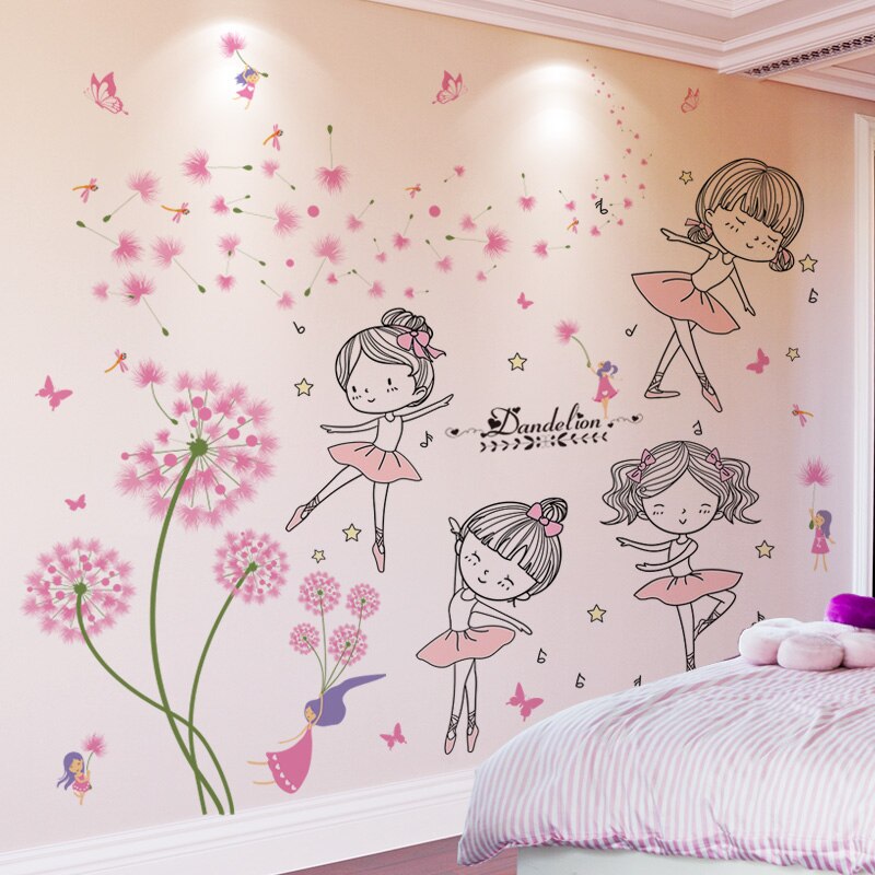 [shijuekongjian] tegneserie pige danser wallstickers gør-det-selv mælkebøtte blomster vægklistermærker til børneværelse baby soveværelse boligindretning: Blomst og pige 1