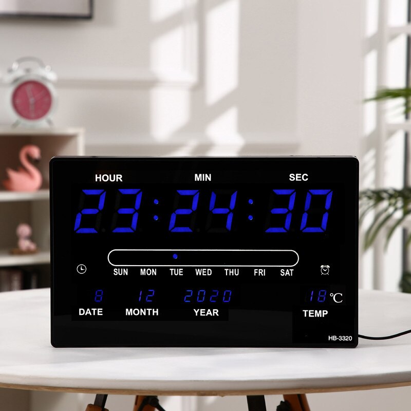 32x20x3CM Large Digital Wall Clock Alarm Hourly Chime Function Table Clock Calendar Temperature Electronic LED Clocks with Plug: Blue