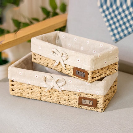 Panier de rangement en rotin avec paille, panier en tissu imitation boîte de rangement de bureau, boîte de rangement des clés tressée