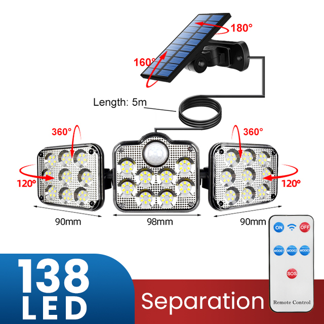 Solar Led Light Outdoor Lighting 3 Head Motion Sensor Wide Angle Illumination Super Bright Waterproof Remote Control Wall Lamp: Separation-138 SMD
