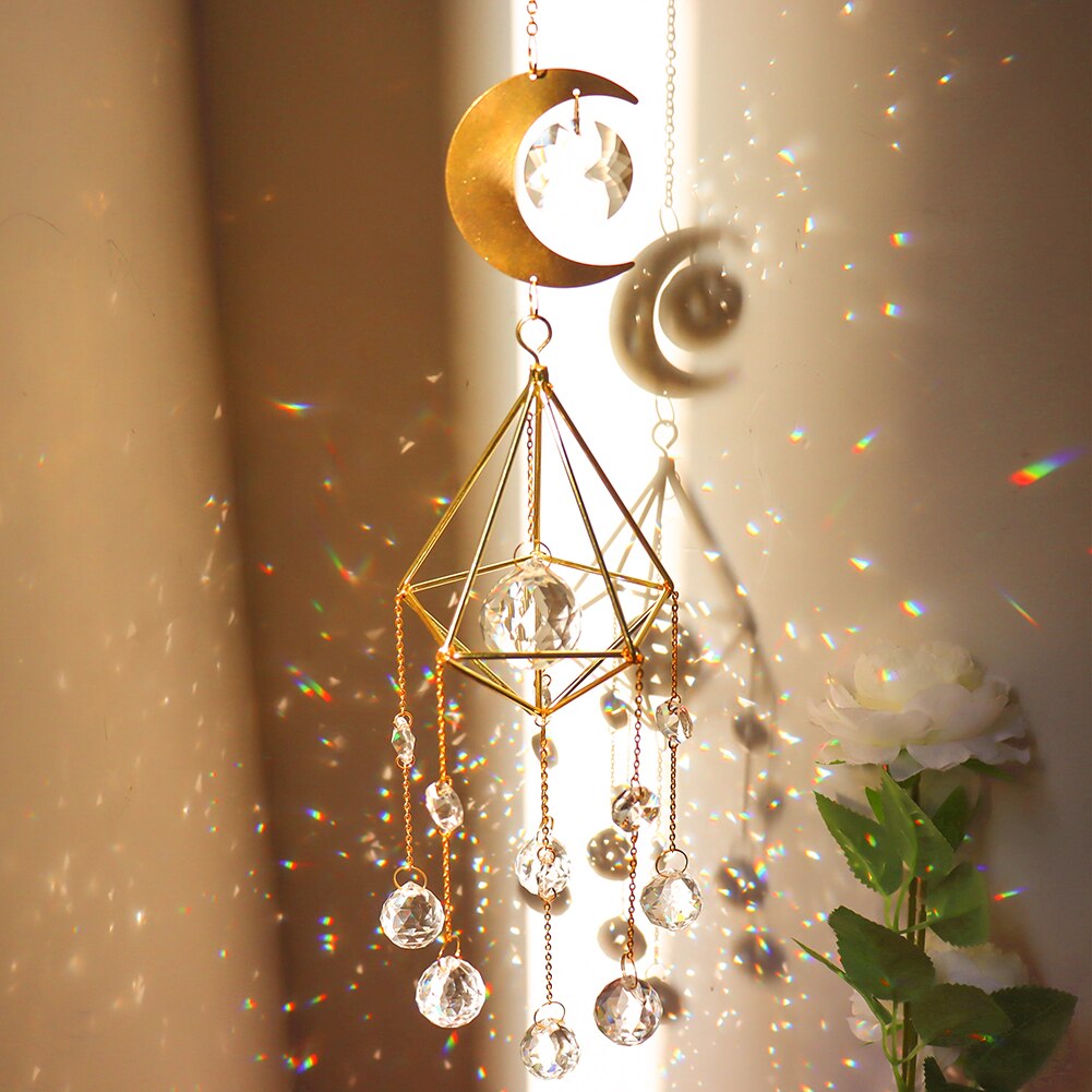 Carillón de viento de cristal con forma de diamante para decoración del hogar, adorno colgante para el sol, con forma de Luna, arcoíris, Prisma, atrapamoscas para jardín y Patio: B