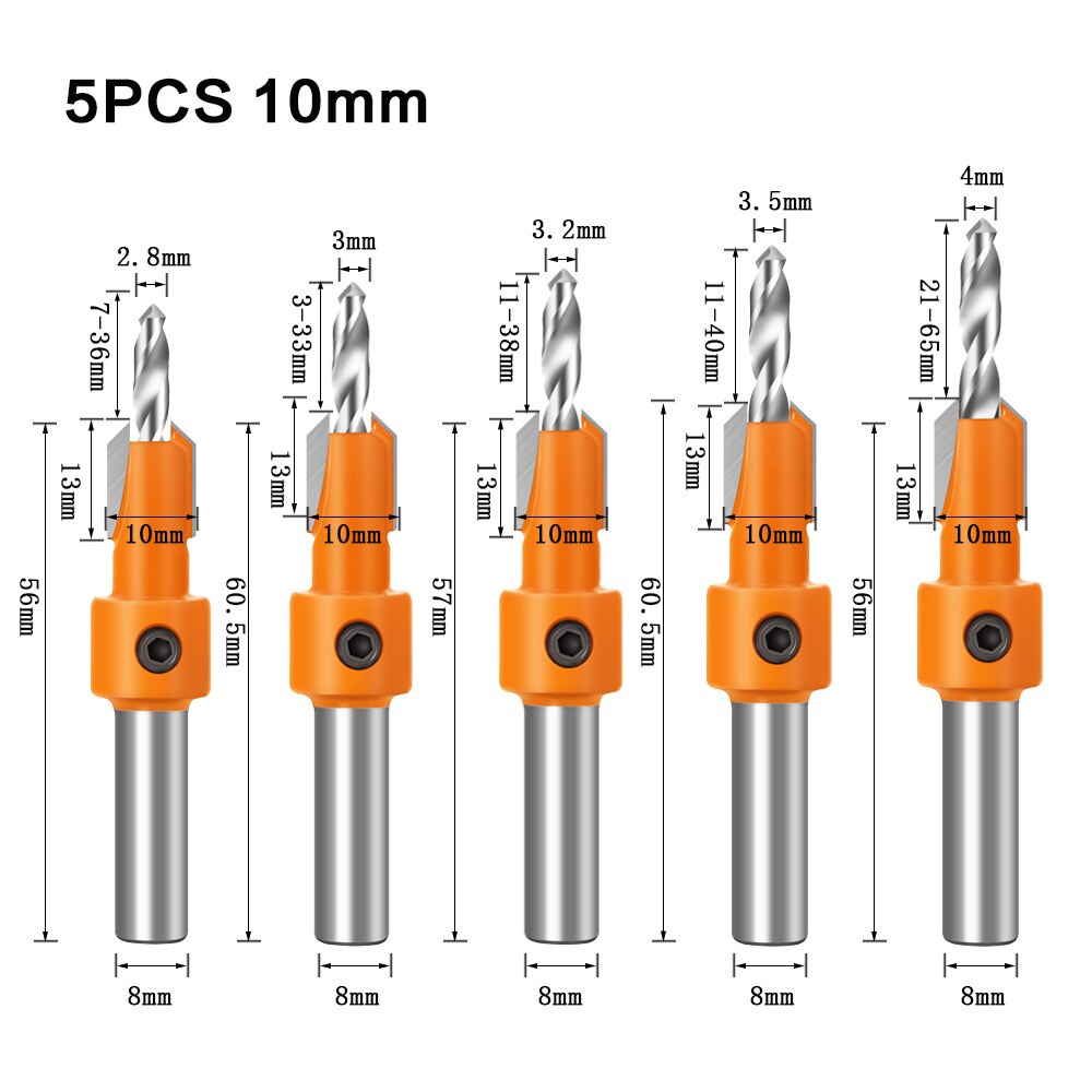 8mm Schaft HSS Holzbearbeitung Senker Bohrer Set Schraube Extractor Remon Abriss Holz Fräser Spiralbohrer Holz: 5pcs 10mm