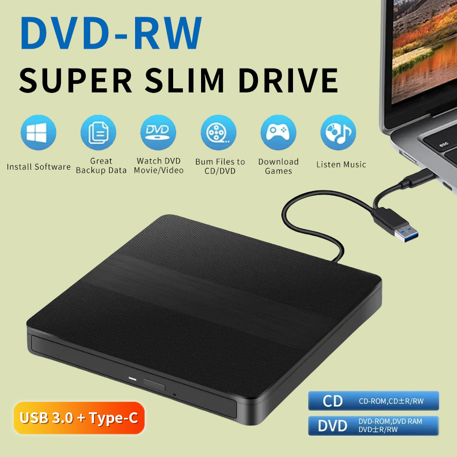 2-in-1 USB 3.0 Typ-C Slim Optical Drives Externer DVD-RW-CD-Player Schriftsteller Brenner Leser für Laptop PC DVD-Brenner tragbar