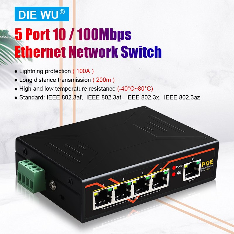 TXI002 5-Port 10/100M Poe Industriële Schakelaar Ondersteuning IEEE802.3af En IEEE802.3at Kan Verlengen De Transport Afstand tot 200M