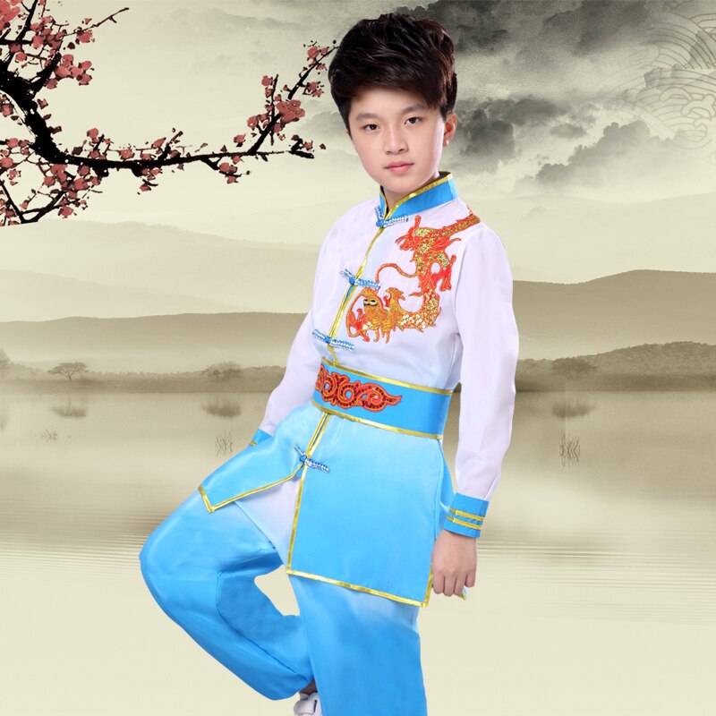 Children Traditional Wushu Uniform Suit for Kids Tai Chi Clothing Martial Art Uniform Children Long Sleeve Taekwondo Costume: Sky blue / M