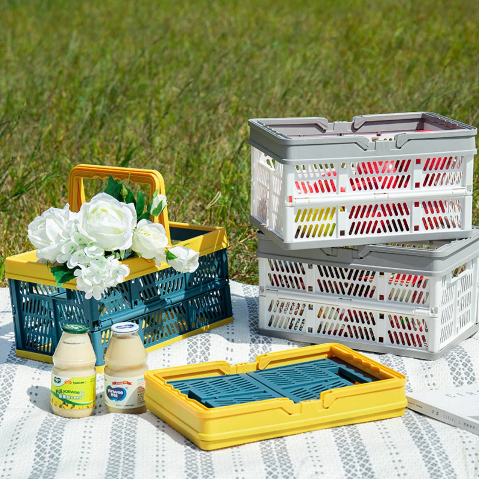 Portable Basket Folding Plastic Storage Crate Box Food Snacks Picnic Basket Home Office Desktop Organizer Container