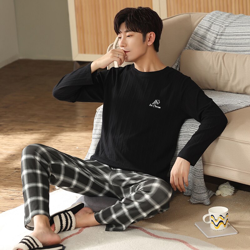 Spring Full Pure Cotton Men's Pajamas Sets Long Sleeve Tops Plaid Pants Pyjamas Male Casual Pijama Hombre Big Yards 4XL