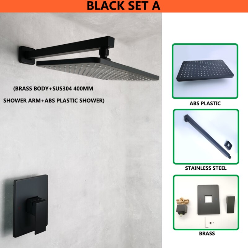 Matt Black Ultra Thin Square 8 Inch 304 Stainless Steel or ABS Top Shower Concealed In Wall Head Shower Set System