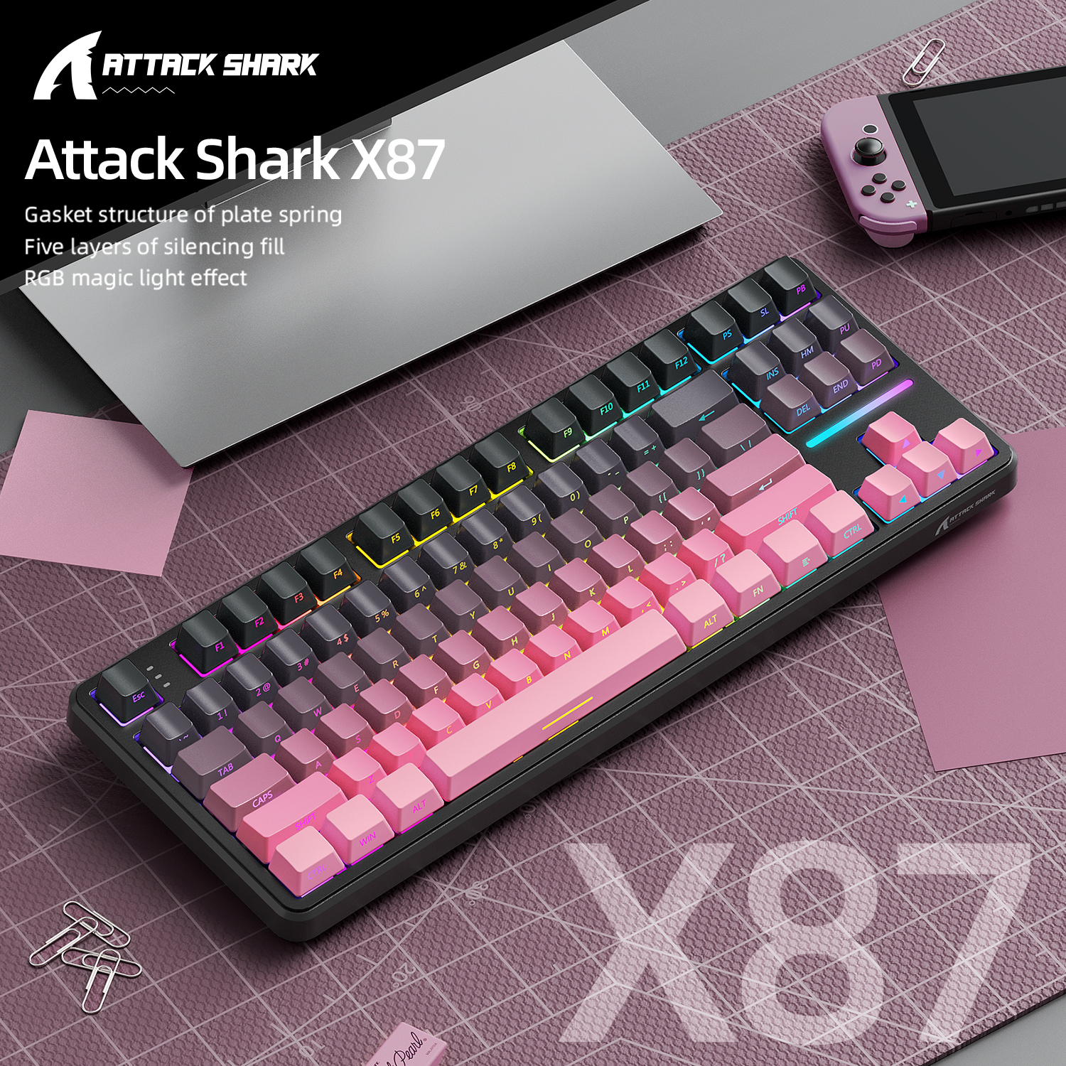 Klawiatura do gier Attack Shark X87 Macro Drive, klawiatura mechaniczna Bluetooth z grawerowaną bokiem półprzezroczystą postacią, RGB, Hot-Swap