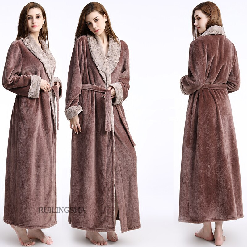 Women Men fur Neck Thick Warm Long Flannel Bathrobe Plus Size Kimono Bath Robe Winter Peignoir Dressing Gown Bridesmaid Robes