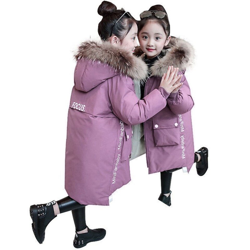 Kinderen Winter Beneden Katoenen Jas Meisje Kleding Kinderkleding Warme Dikke Parka Bontkraag Capuchon lange Jassen 4-12Y: Paars / 8