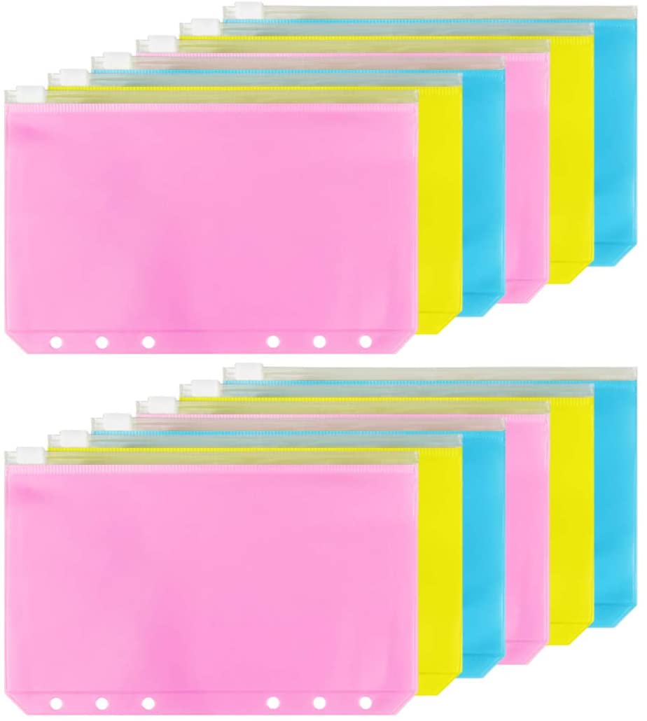 12pcs Binder Pockets A6 Size 6 Holes Binder Zipper Folders for 6-Ring Notebook Binder Loose Leaf Bags, Waterproof Document Bag