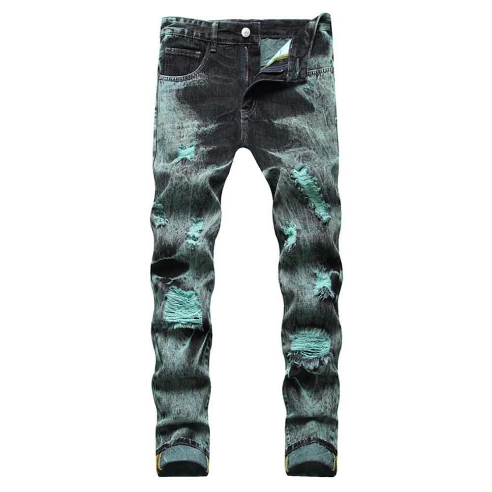 Jean Denim Y2K pour hommes, pantalon droit déchiré avec trous, noir, vert