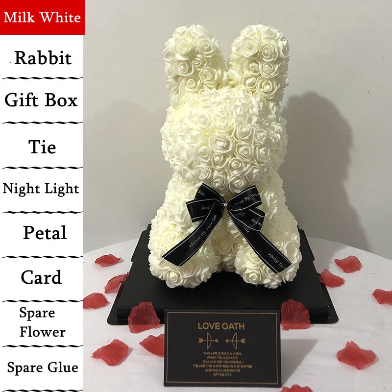 Cute Handmade Artificial Flower Rabbit 39cm Doll Valentine's Day Simulation Rose Flower Kids Girl Birthday: Milk White