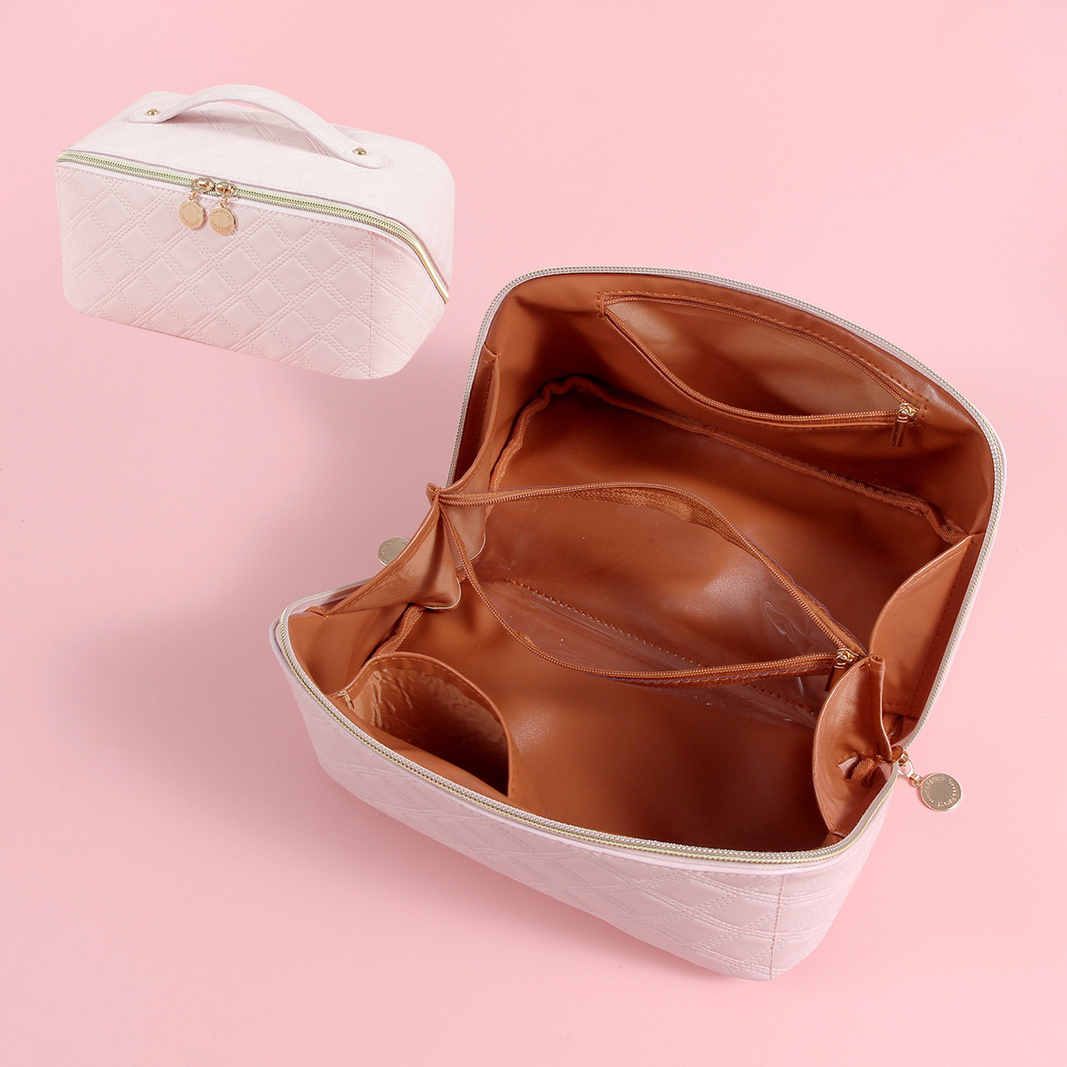 Travel Makeup Bag Large Opening Makeup Bag Portable Water Resistant Make Up Bags PU Leather Cosmetic Bag with Compartment: Pink
