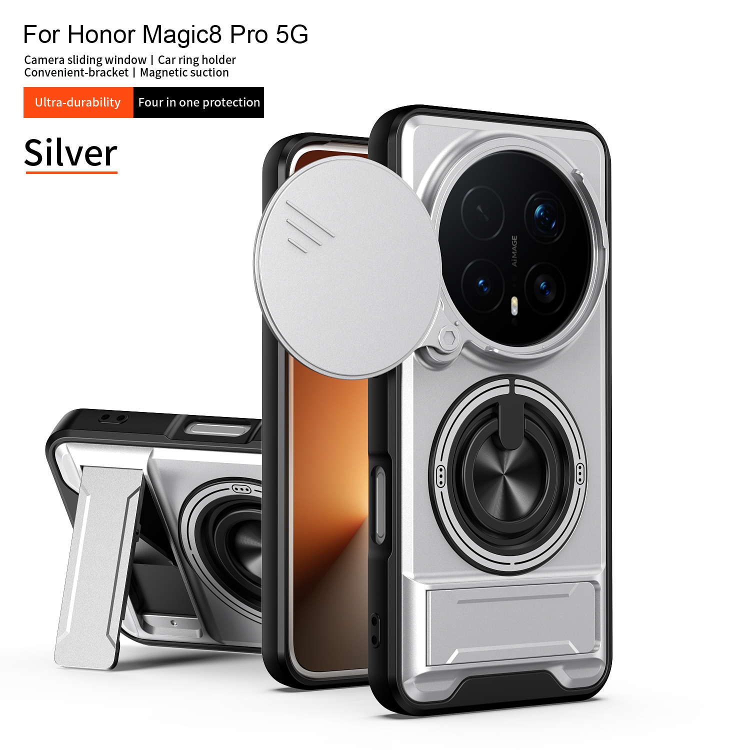 Panzer-Handyhülle für Honor Magic 8 Pro 5G mit Objektivschutz, Magnetring-Ständer und Rückenschale für Magic 8 7 6 5 4 Lite: Baumwollstoff / Silber