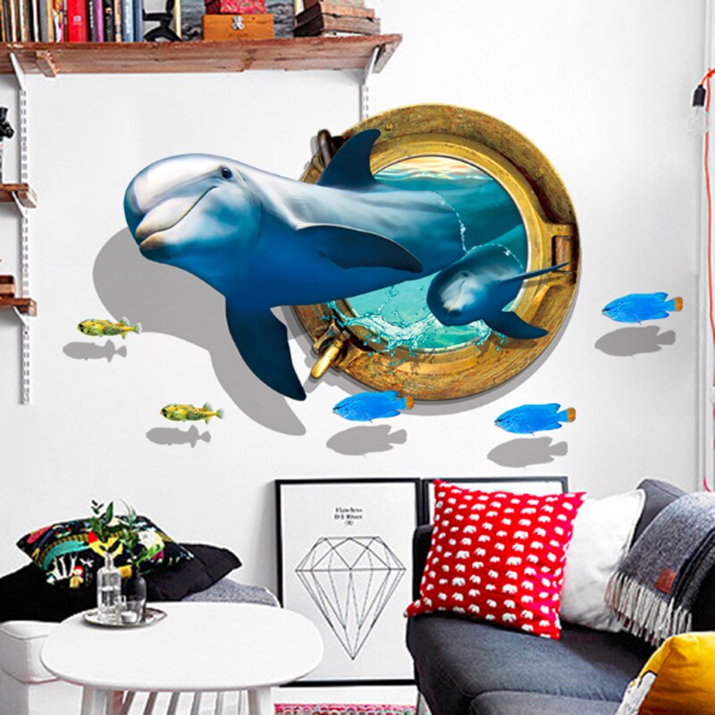 Waterproof Dolphin 3D Wall Sticker Wall Bedroom Living Room TV Sofa Background Decorative Sticker Wallpaper